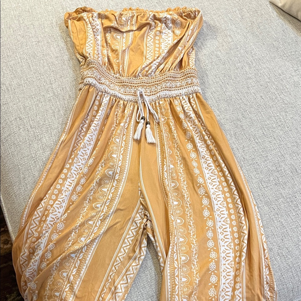 Inspire Mustard and White Strapless Jumpsuit